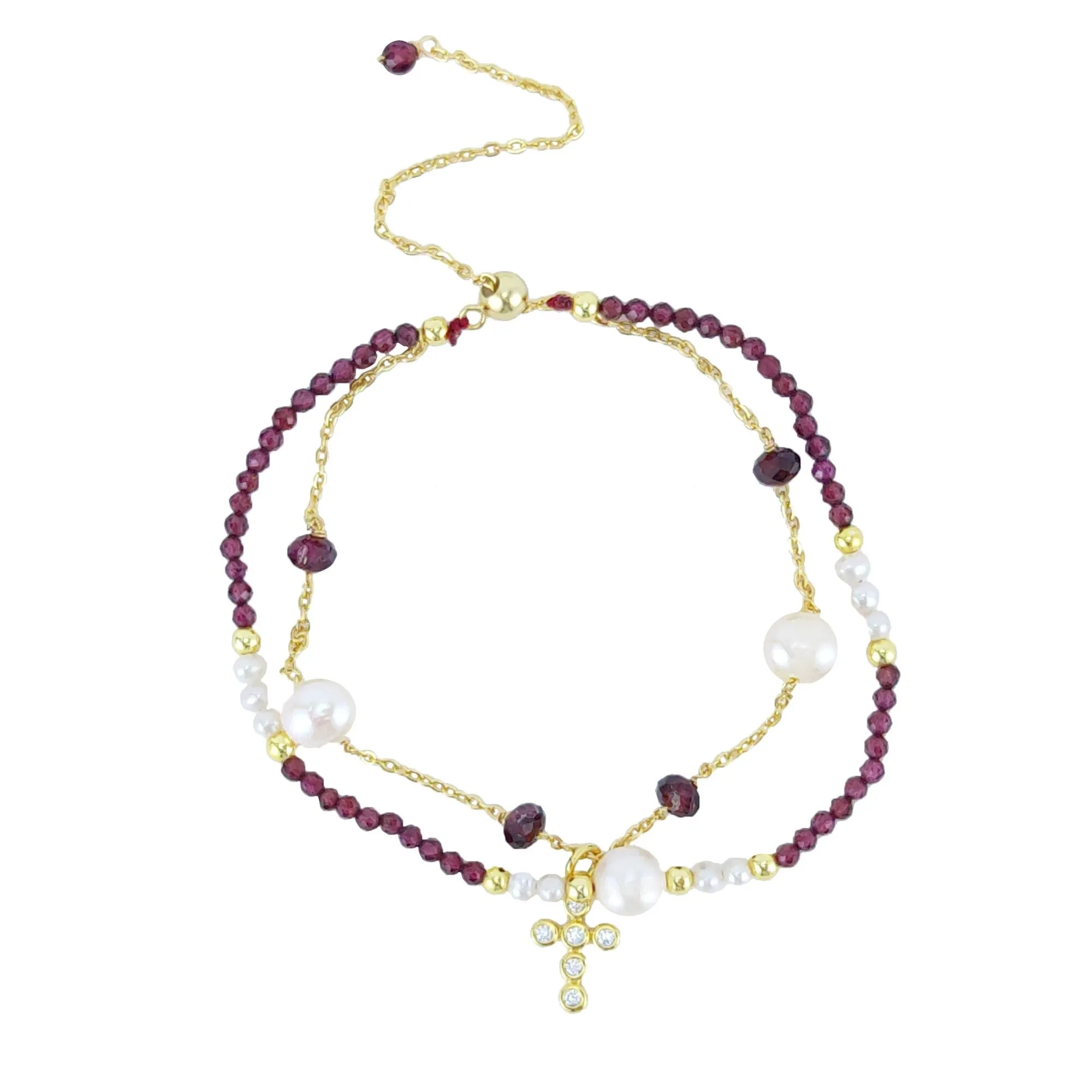 Gold Over Sterling Silver with Natural Freshwater Pearl and Garnet Adjustable Bracelet sold by Zulily