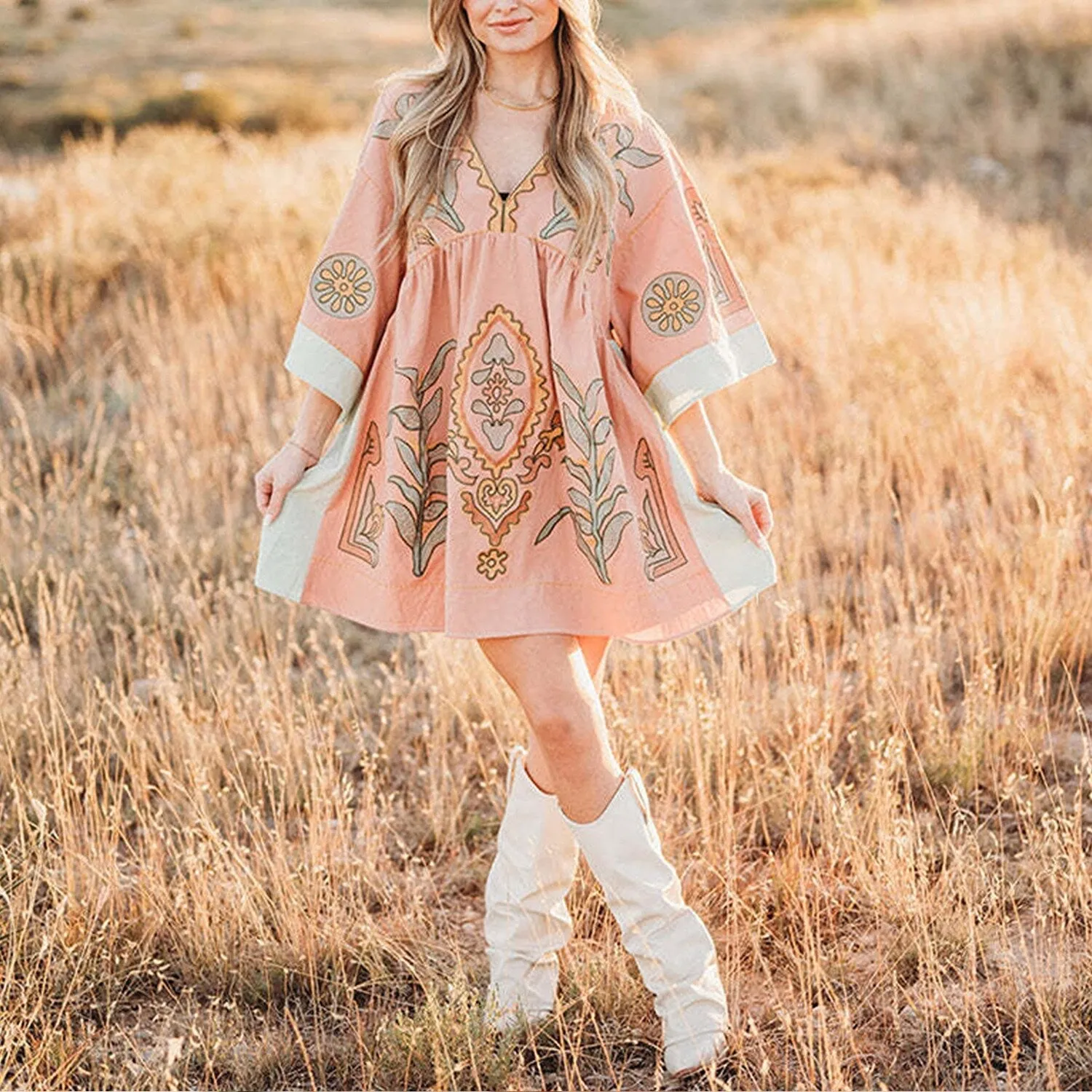 Coral & Light Green Floral V-Neck Three-Quarter Sleeve Dress sold by Zulily