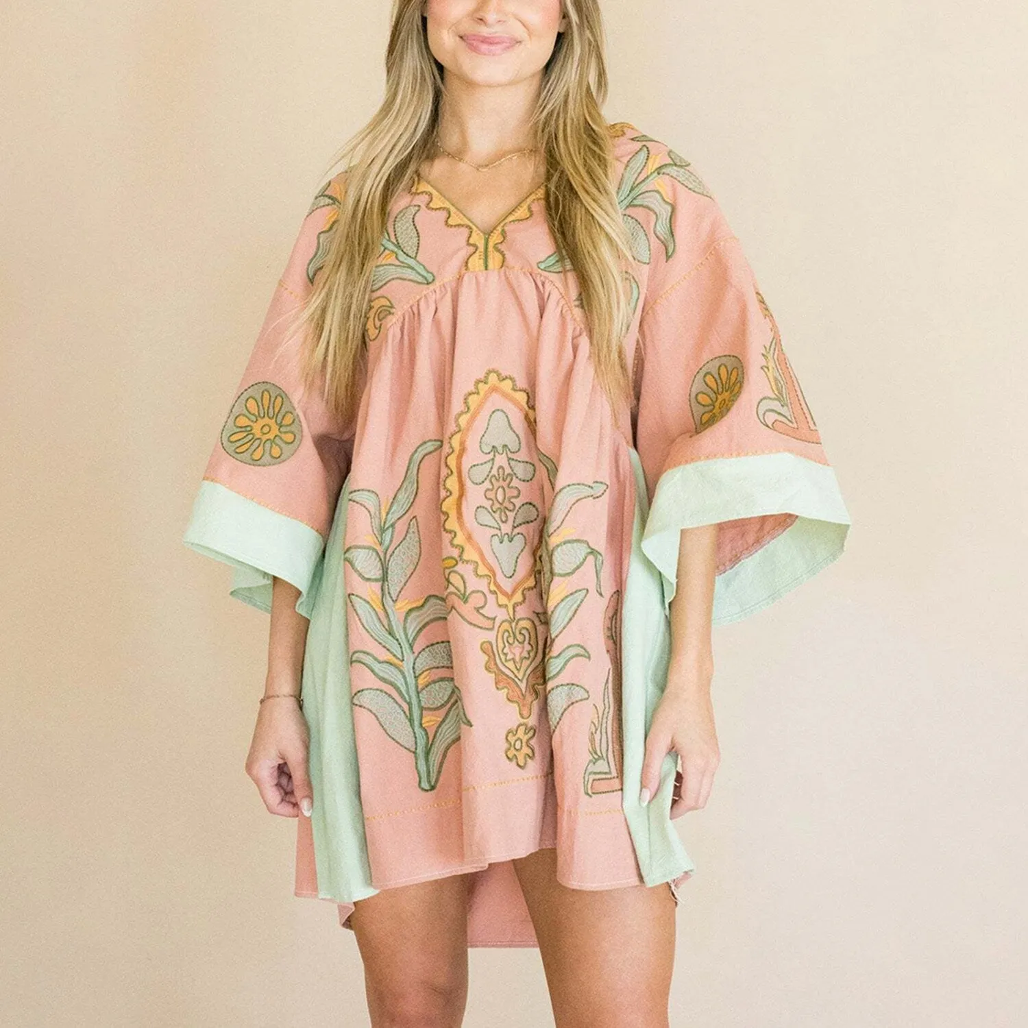 Coral & Light Green Floral V-Neck Three-Quarter Sleeve Dress sold by Zulily product image thumbnail 4