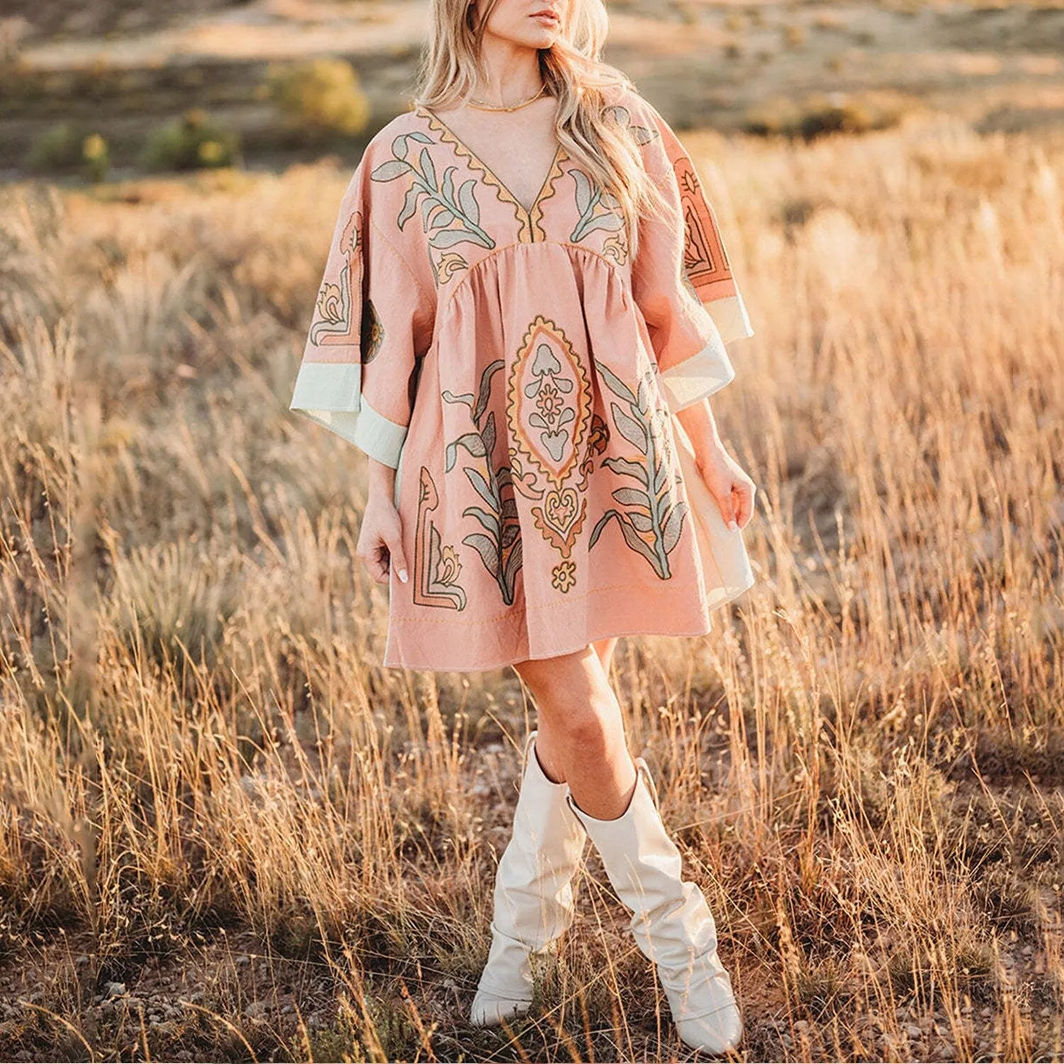 Coral & Light Green Floral V-Neck Three-Quarter Sleeve Dress sold by Zulily product image thumbnail 2