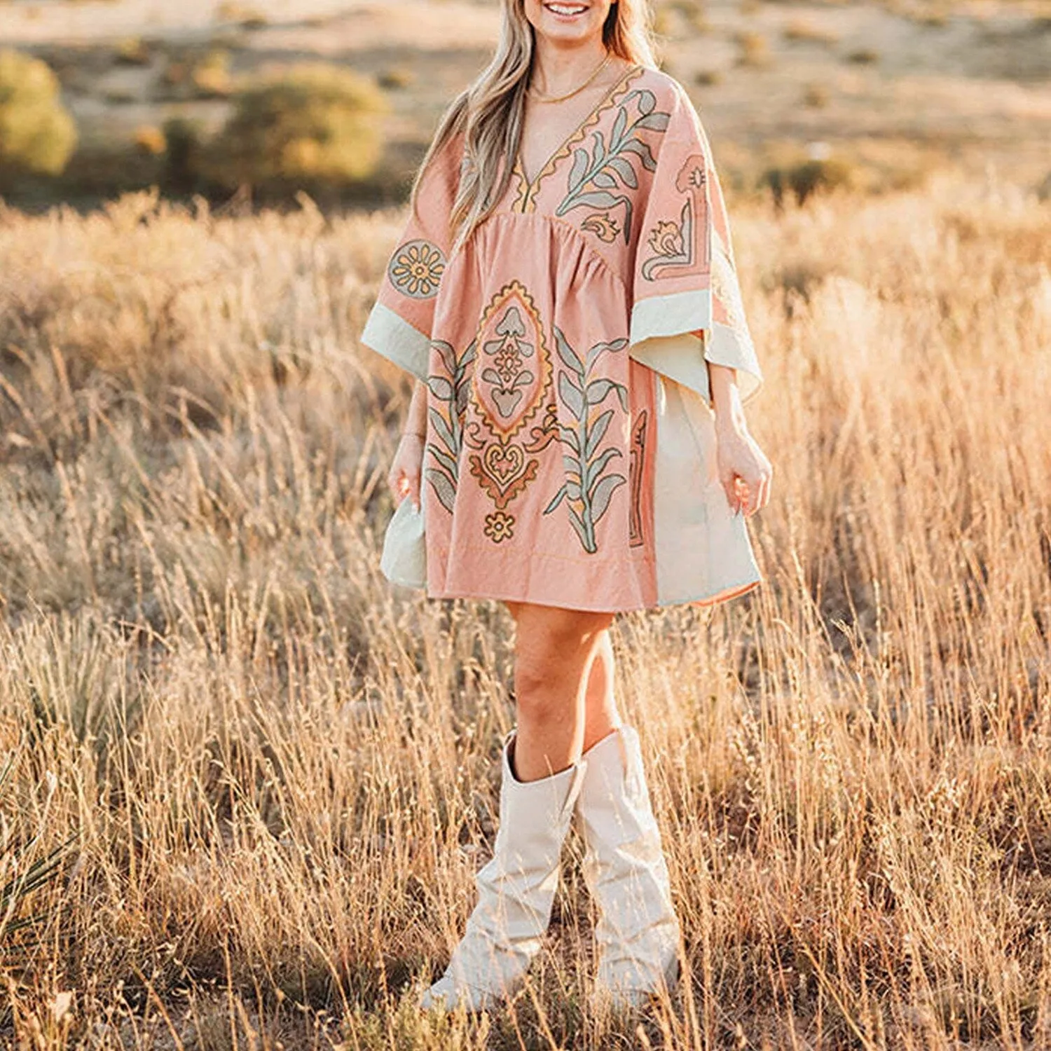 Coral & Light Green Floral V-Neck Three-Quarter Sleeve Dress sold by Zulily product image thumbnail 3