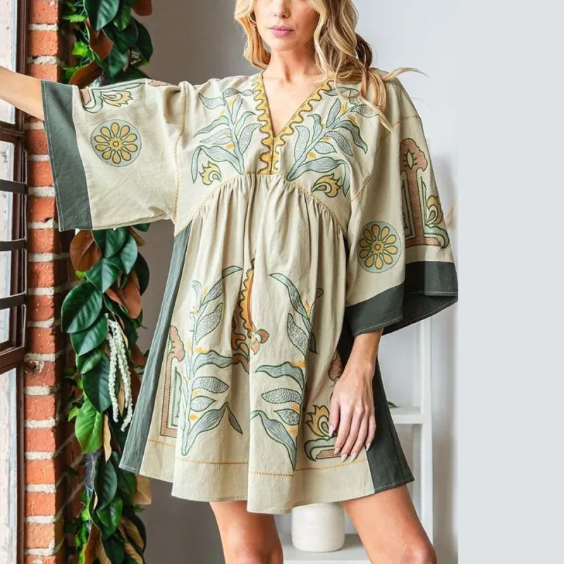 Green Floral V-Neck Three-Quarter Sleeve Dress sold by Zulily