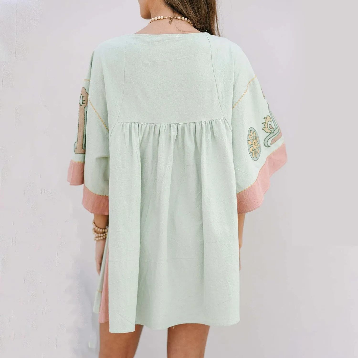Light Green Floral V-Neck Three-Quarter Sleeve Dress sold by Zulily product image thumbnail 2