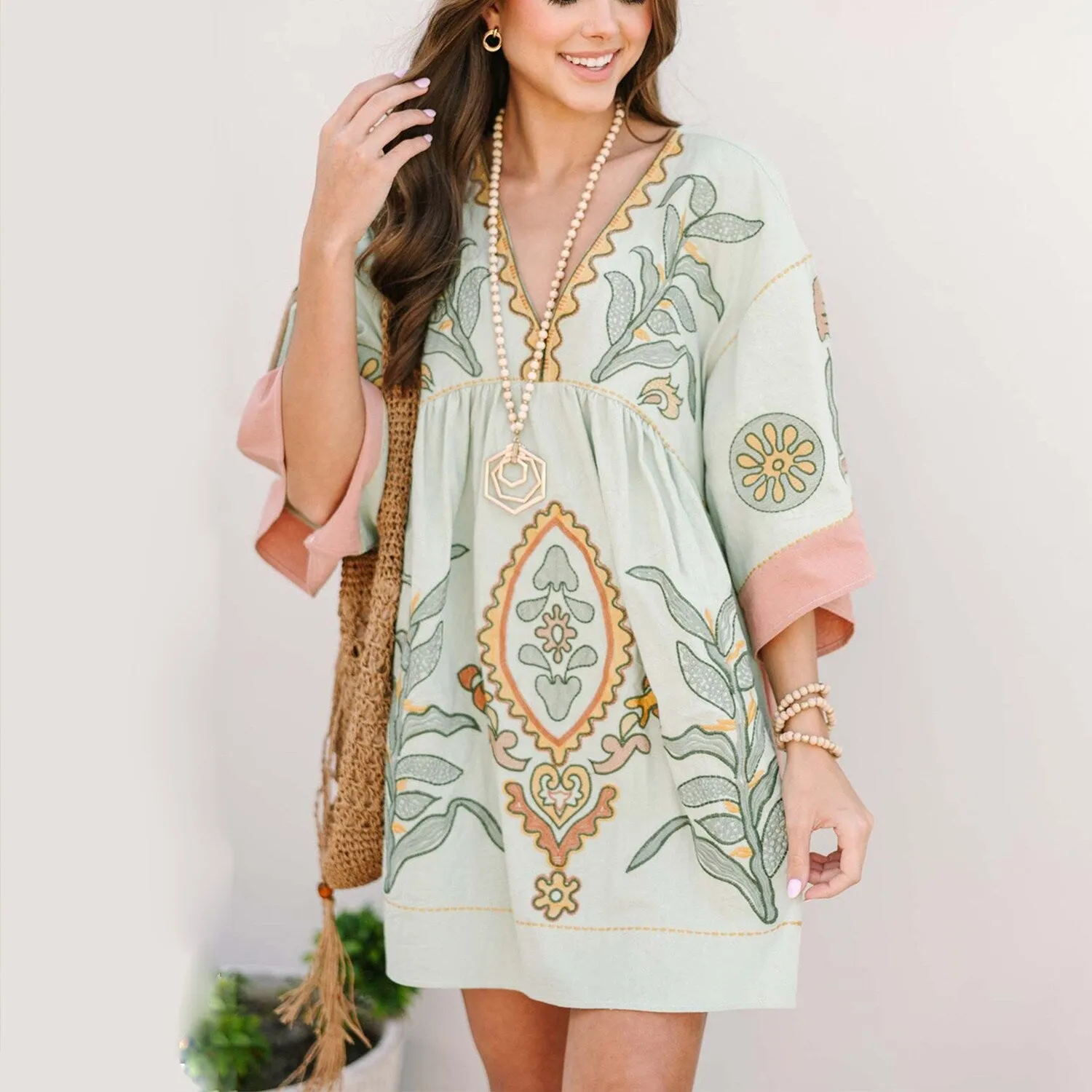 Light Green Floral V-Neck Three-Quarter Sleeve Dress sold by Zulily product image thumbnail 3