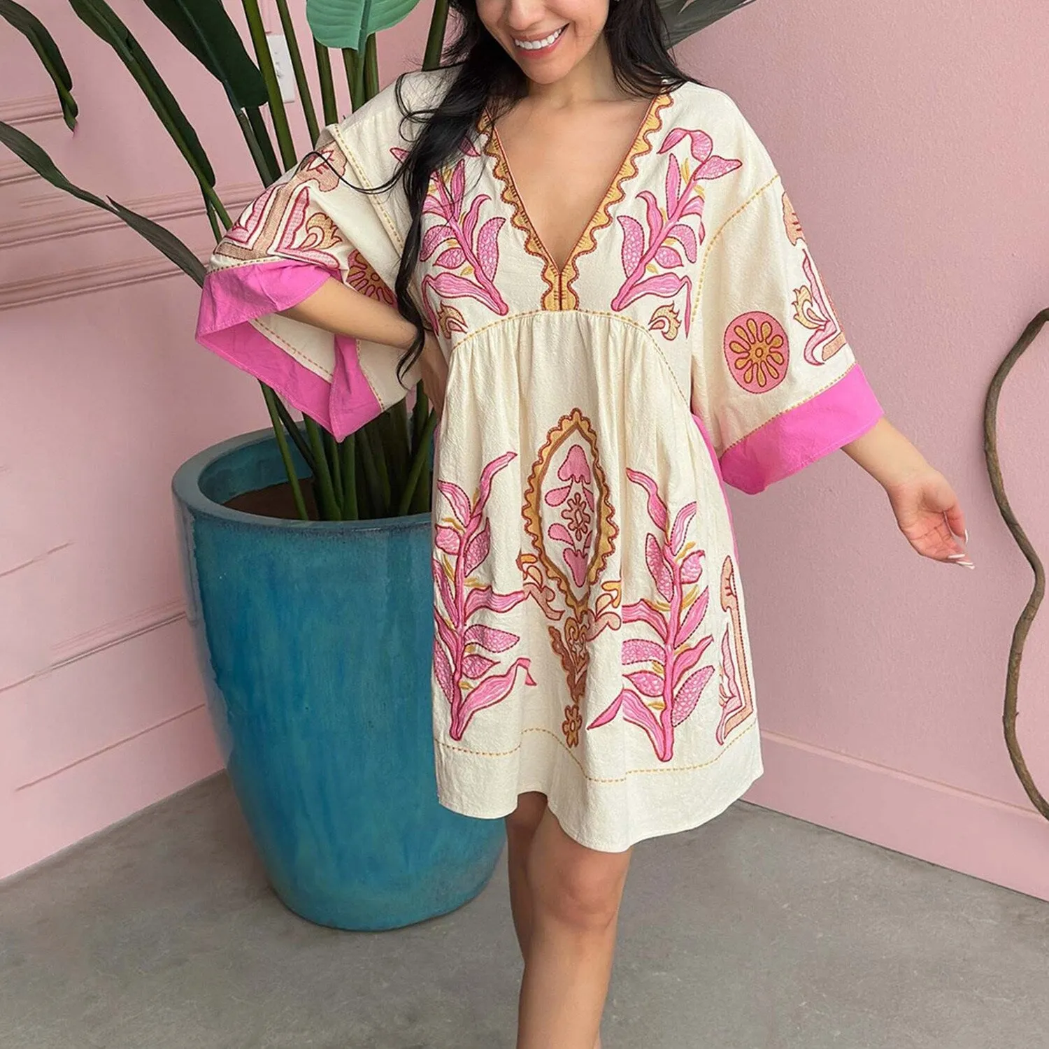 Pink Floral V-Neck Three-Quarter Sleeve Dress sold by Zulily product image thumbnail 4