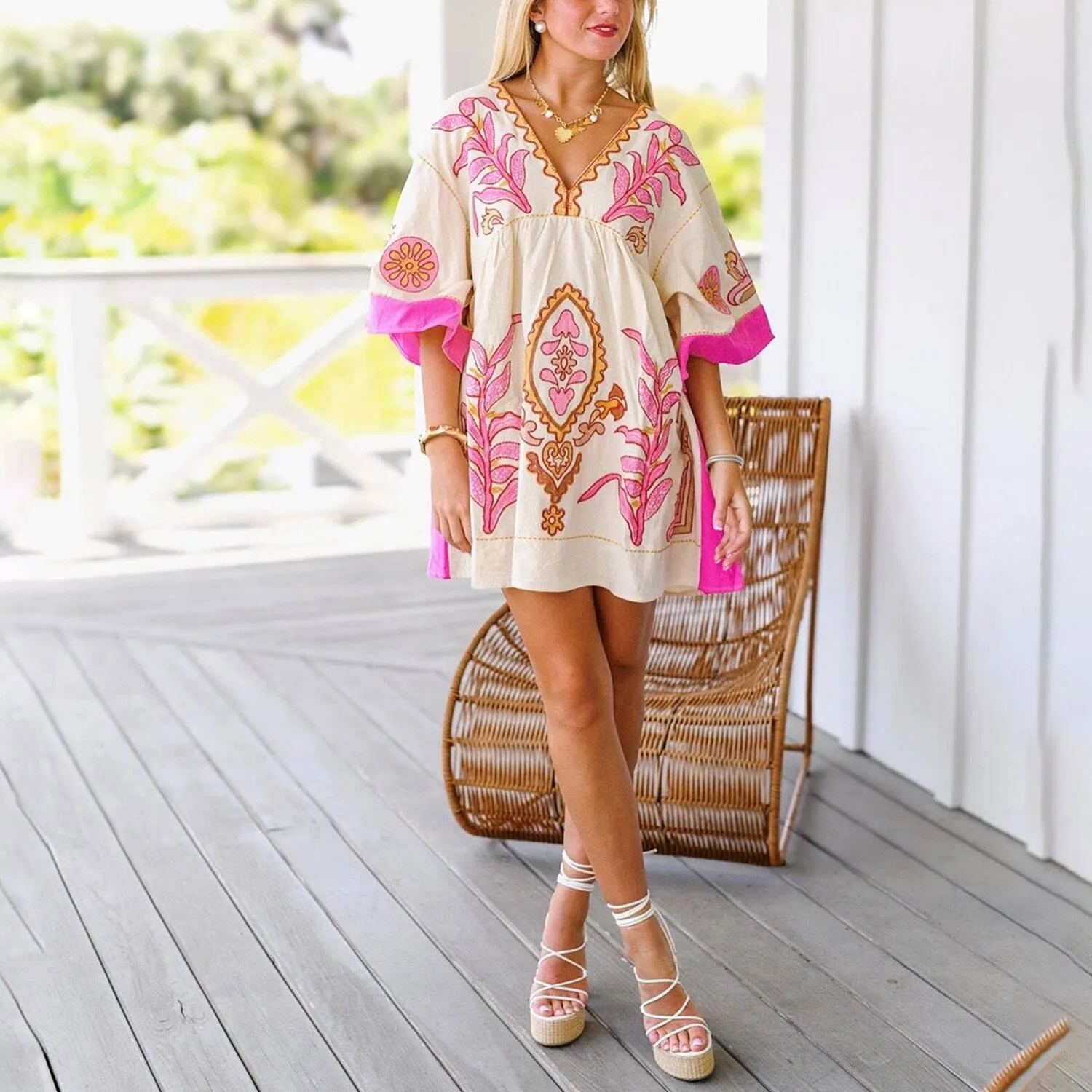 Pink Floral V-Neck Three-Quarter Sleeve Dress sold by Zulily product image thumbnail 2