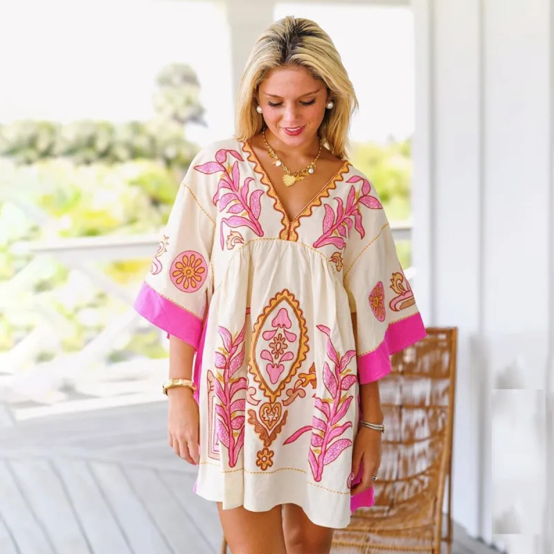 Pink Floral V-Neck Three-Quarter Sleeve Dress sold by Zulily