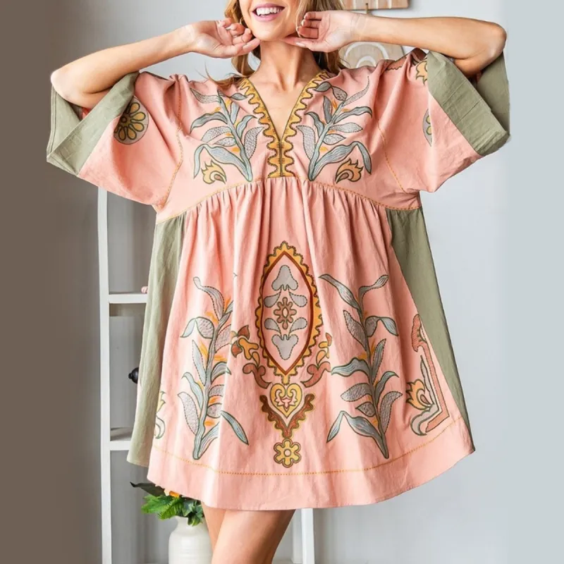 Coral Floral V-Neck Three-Quarter Sleeve Dress sold by Zulily