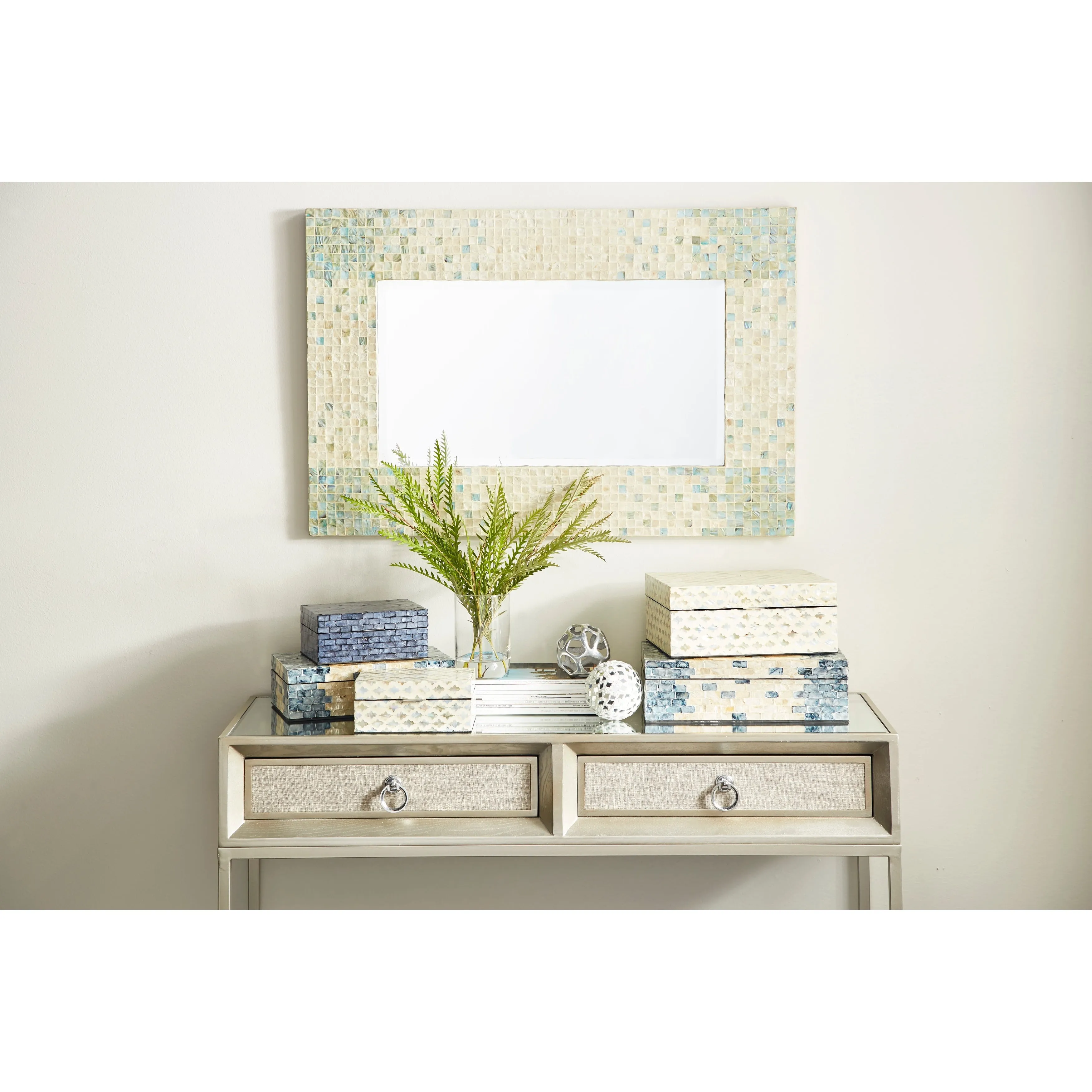 Natural Coastal Mother of Pearl Shell Wall Mirror Cream Blue or Cream Grey sold by Zulily