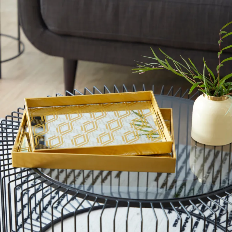 CosmoLiving by Cosmopolitan Gold Plastic Mirrored Geometric Living Room Decor Tray (Set of 2) - S/2 14", 16"W sold by Zulily