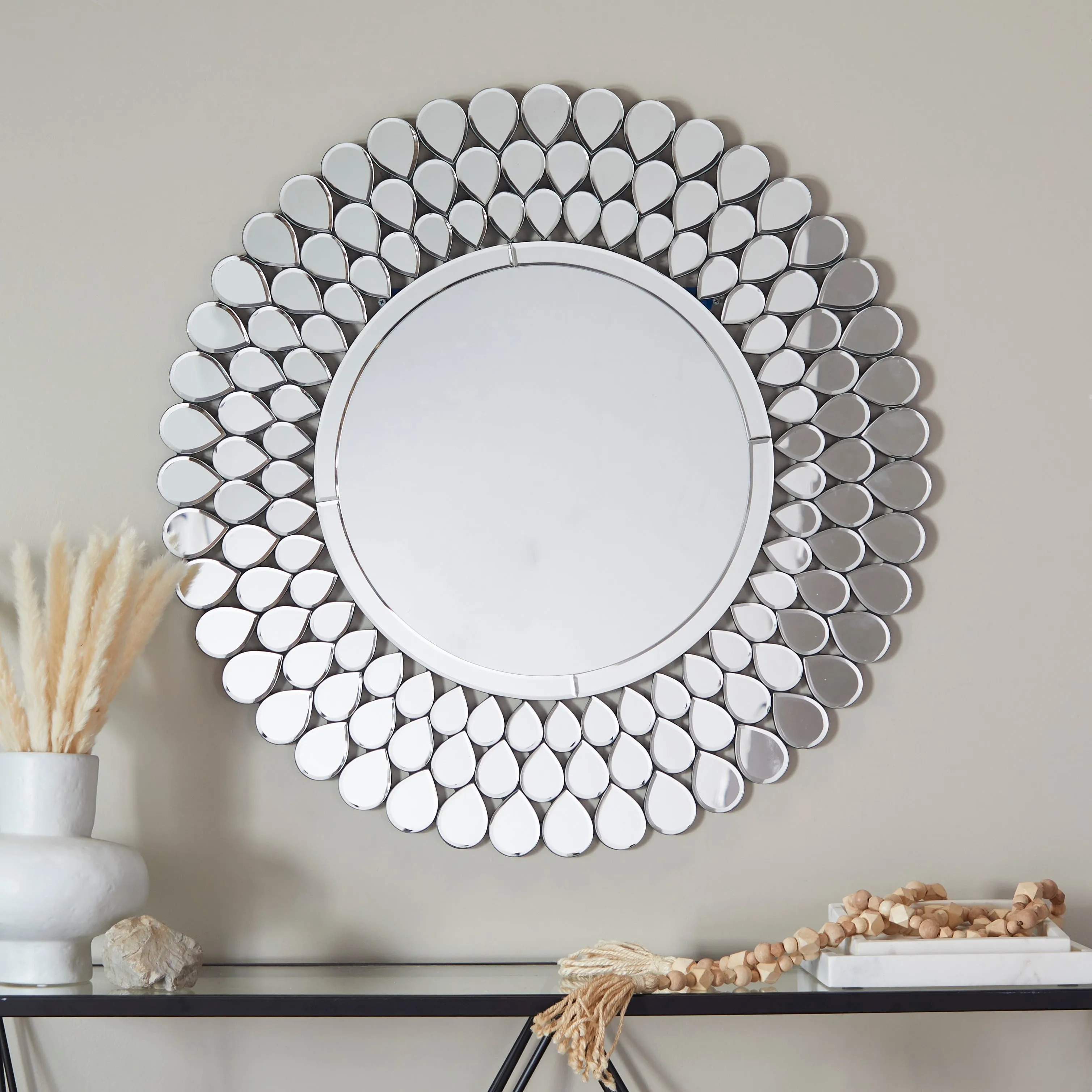 Silver Glass Starburst Wall Mirror with Teardrop Embellishment - 31"W, 31"H sold by Zulily