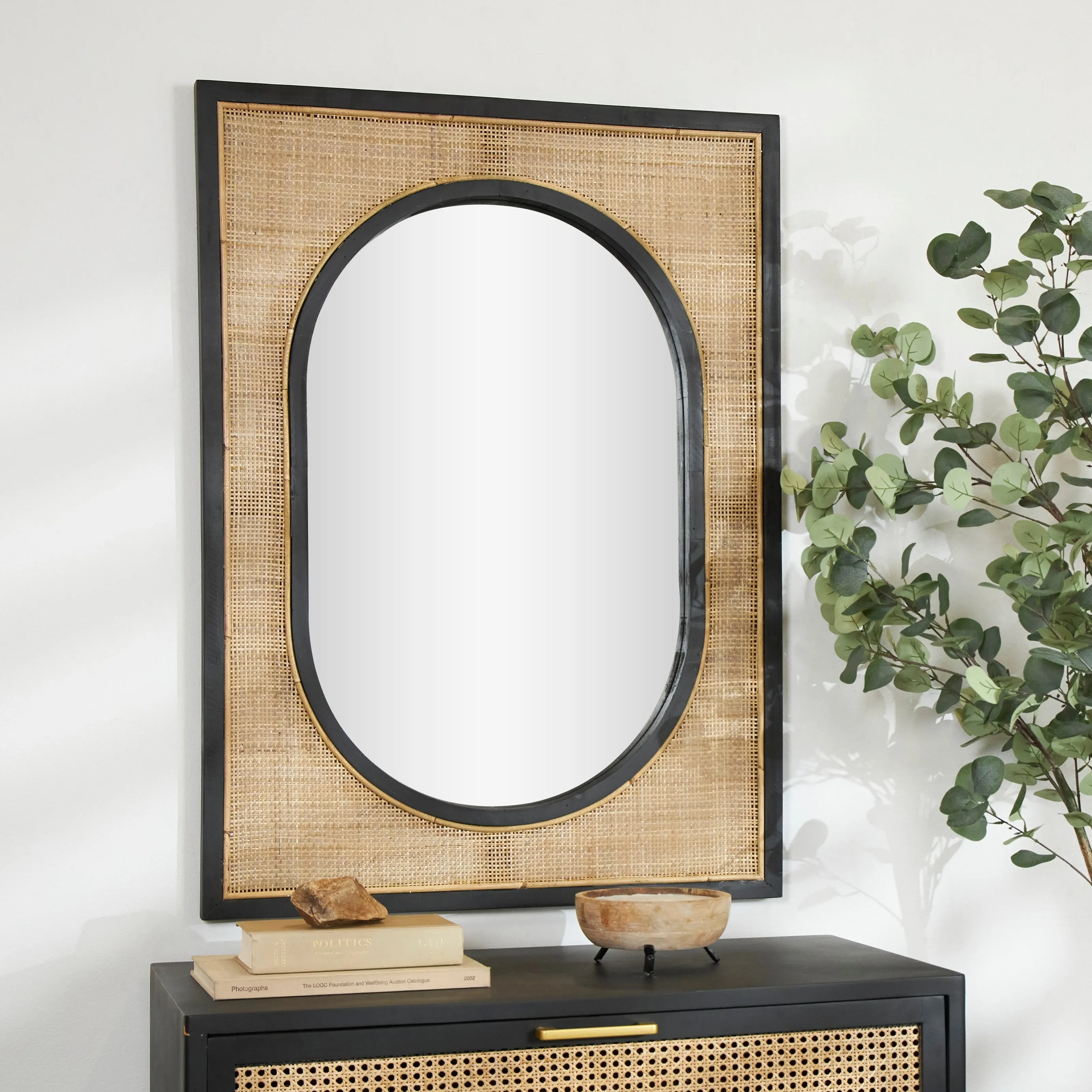Brown Rattan Room Wall Mirror with Black Accent Frames - 30"W, 42"H sold by Zulily