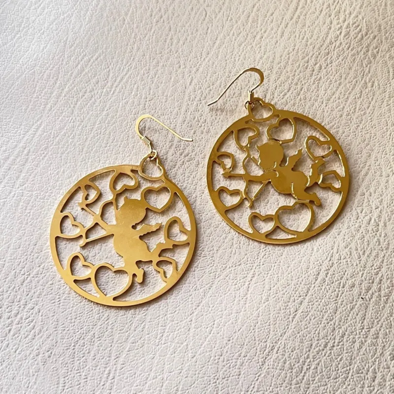 Sterling Silver Big Round Gold Plate Cupid Pattern Dangle Earring sold by Zulily