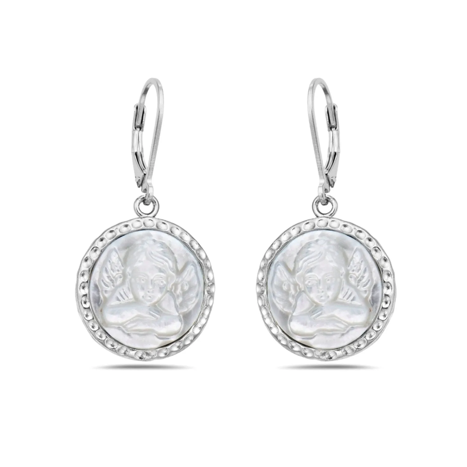 Sterling silver Mother of Pearl Cameo Thinking Cherub Angel Dangle Earring sold by Zulily