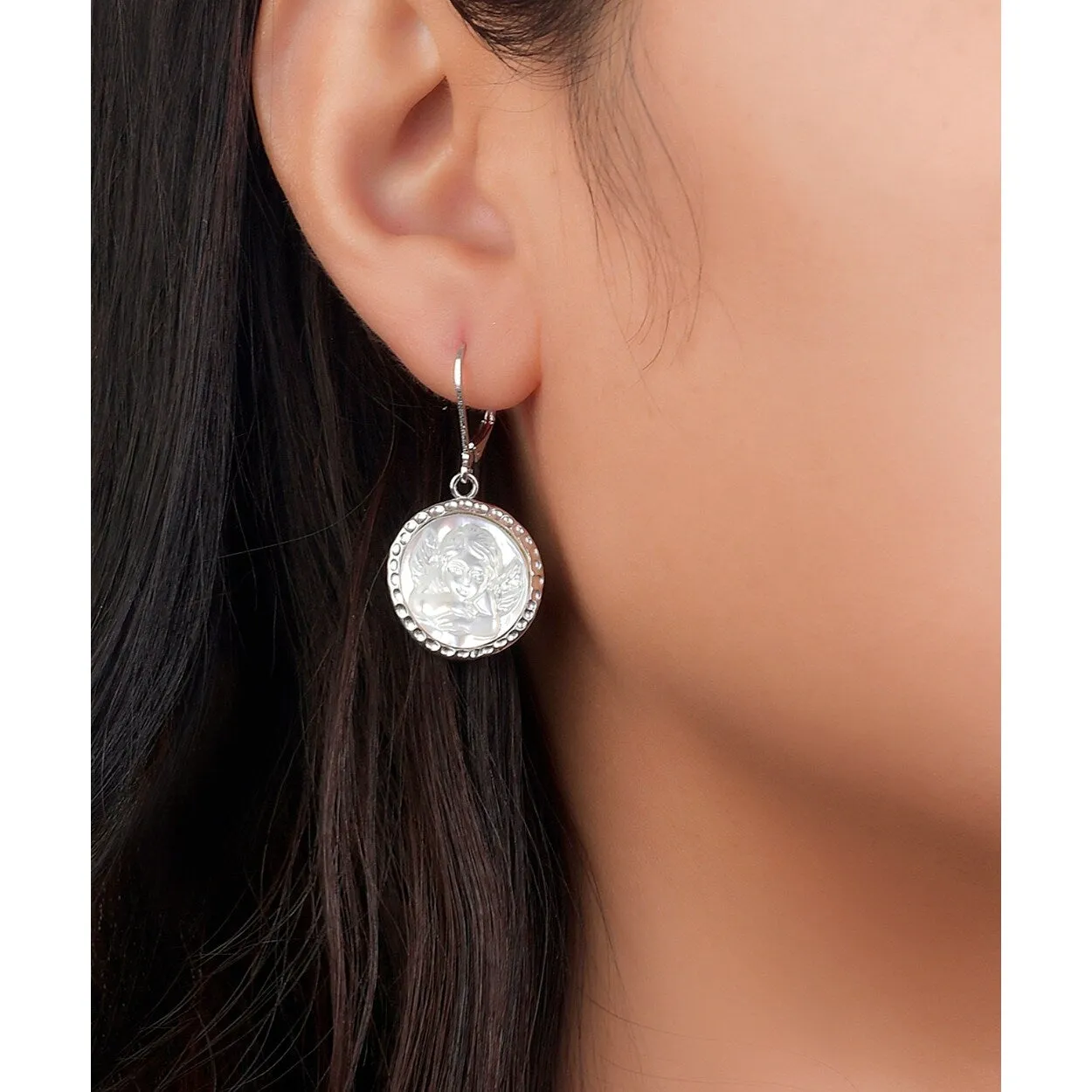 Sterling silver Mother of Pearl Cameo Thinking Cherub Angel Dangle Earring sold by Zulily product image thumbnail 2