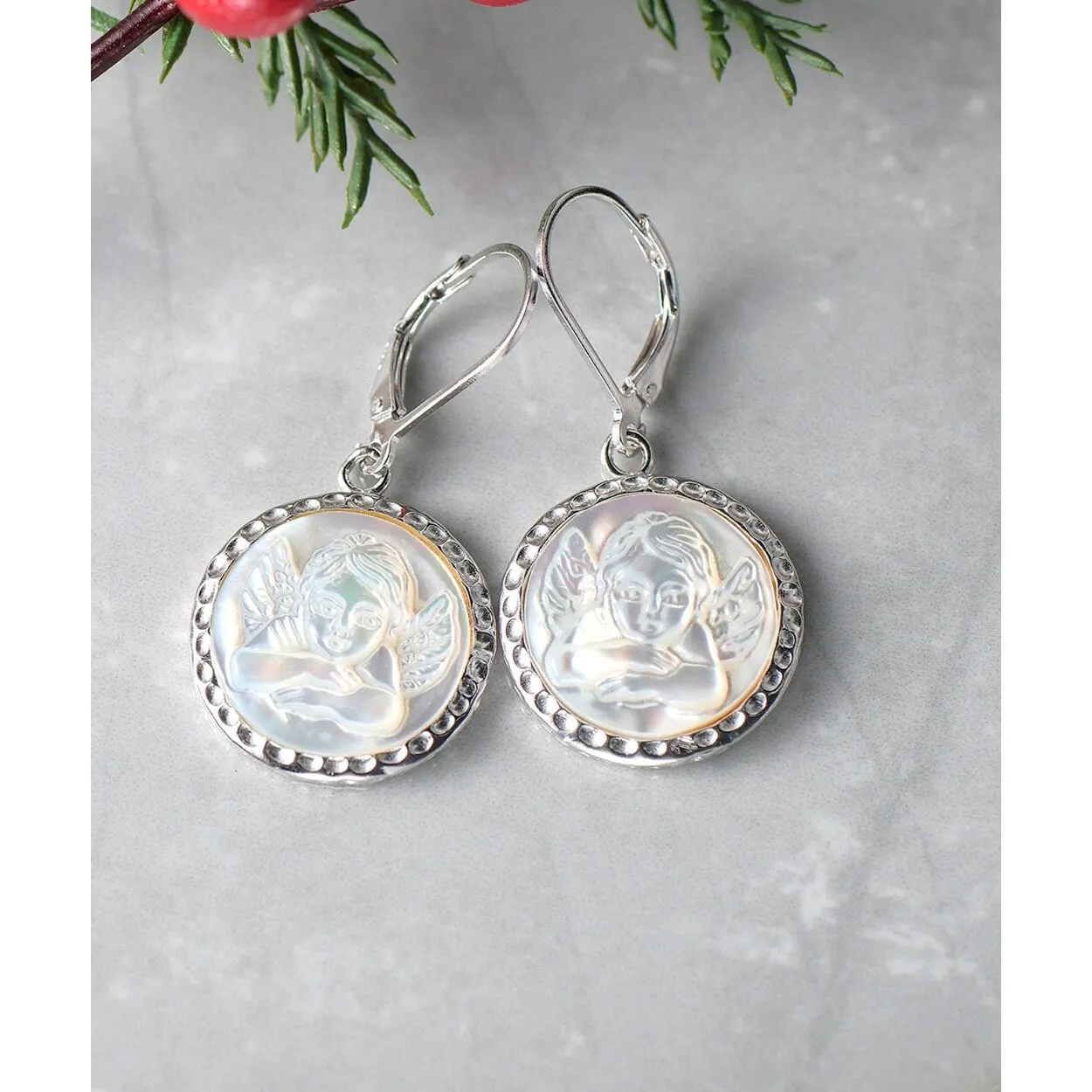 Sterling silver Mother of Pearl Cameo Thinking Cherub Angel Dangle Earring sold by Zulily product image thumbnail 3