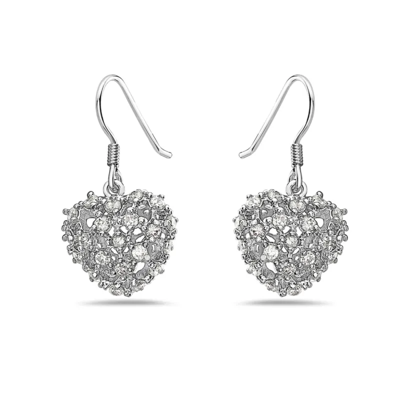 Sterling Silver Puffy Heart Drop with Stardust Clear CZ Dangle Earring sold by Zulily