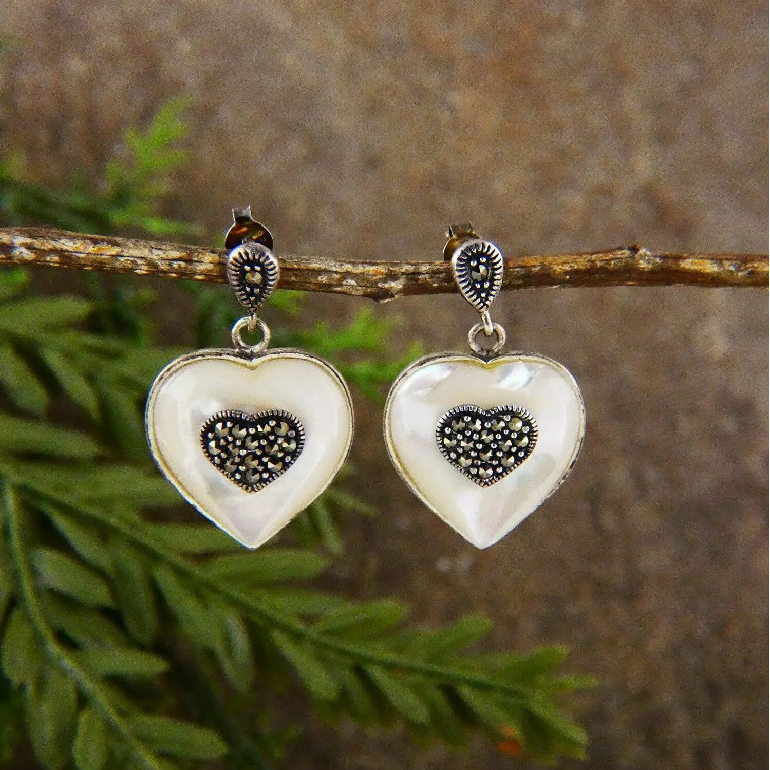Sterling Silver Marcasite Stone with Heart Shape Mother of Pearl Dangle Earring sold by Zulily product image thumbnail 2