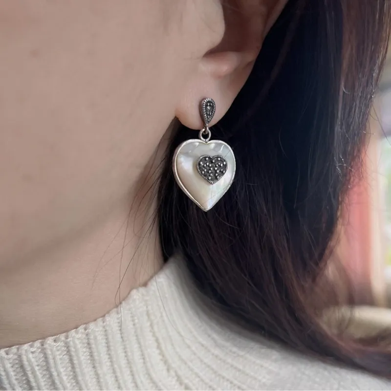 Sterling Silver Marcasite Stone with Heart Shape Mother of Pearl Dangle Earring sold by Zulily