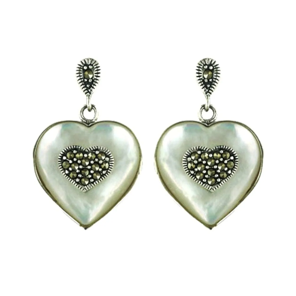 Sterling Silver Marcasite Stone with Heart Shape Mother of Pearl Dangle Earring sold by Zulily product image thumbnail 3