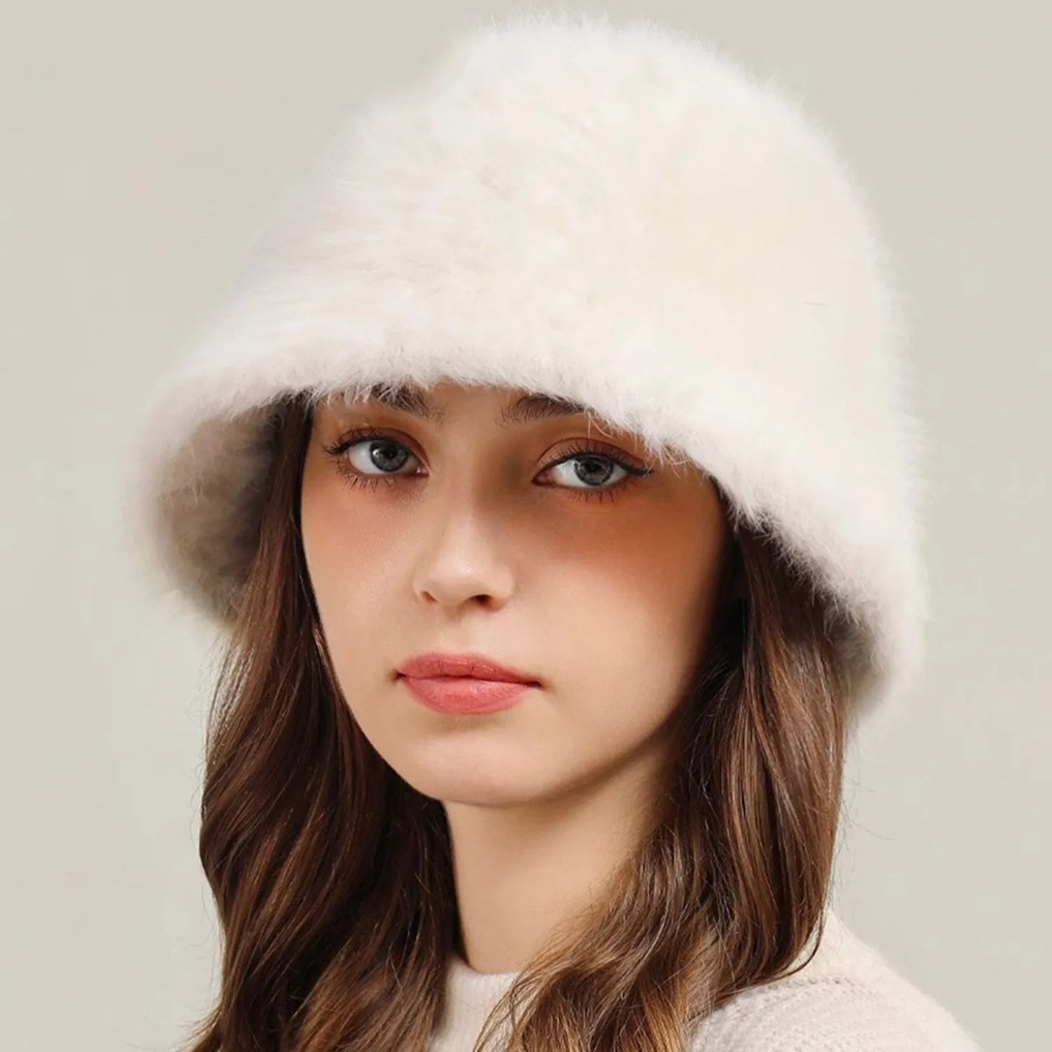 White Faux Fur Bucket Hat sold by Zulily product image thumbnail 2