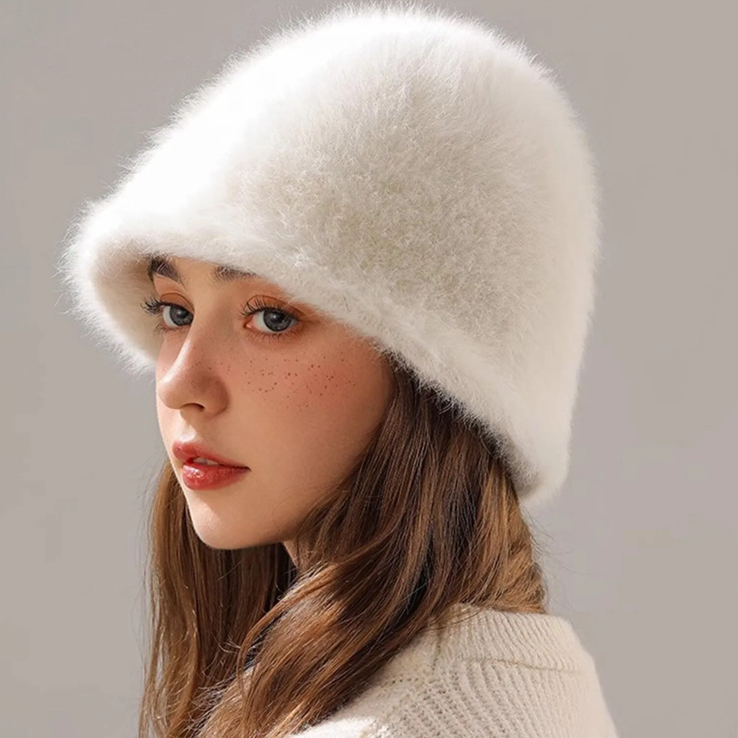 White Faux Fur Bucket Hat sold by Zulily