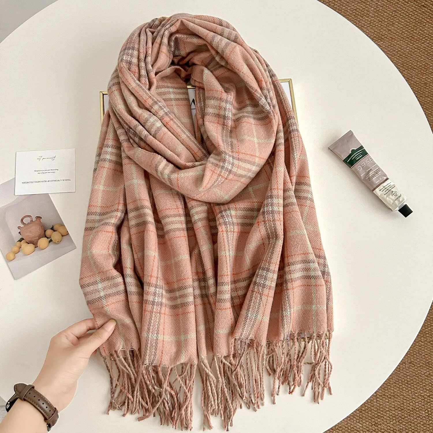 Pink Plaid Fringed Scarf sold by Zulily
