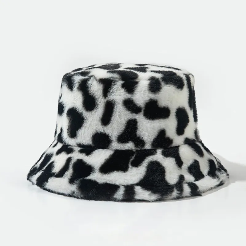 Black Cow Pattern Faux Fur Bucket Hat sold by Zulily