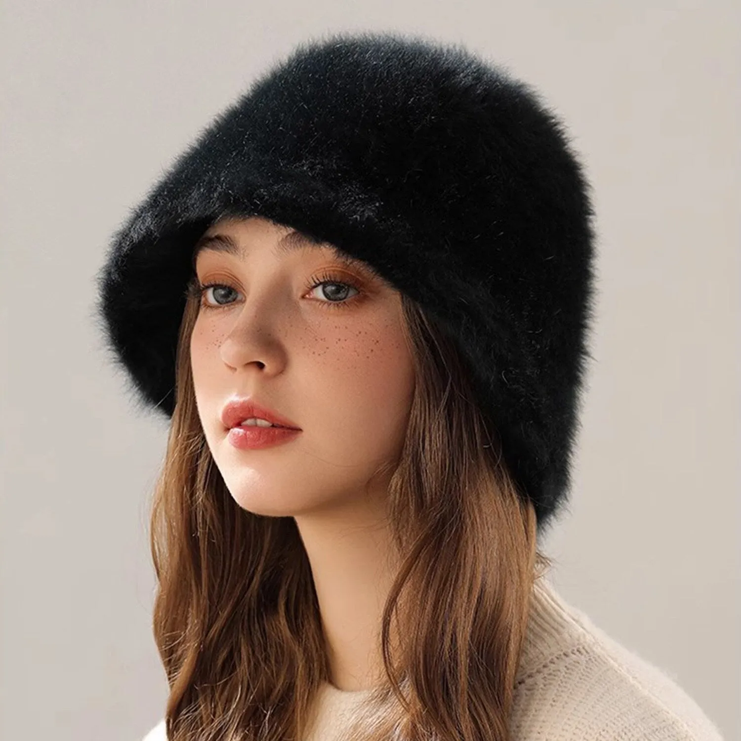 Black Faux Fur Bucket Hat sold by Zulily