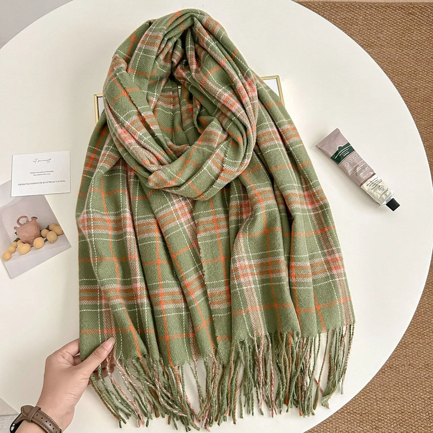 Green Plaid Fringed Scarf sold by Zulily