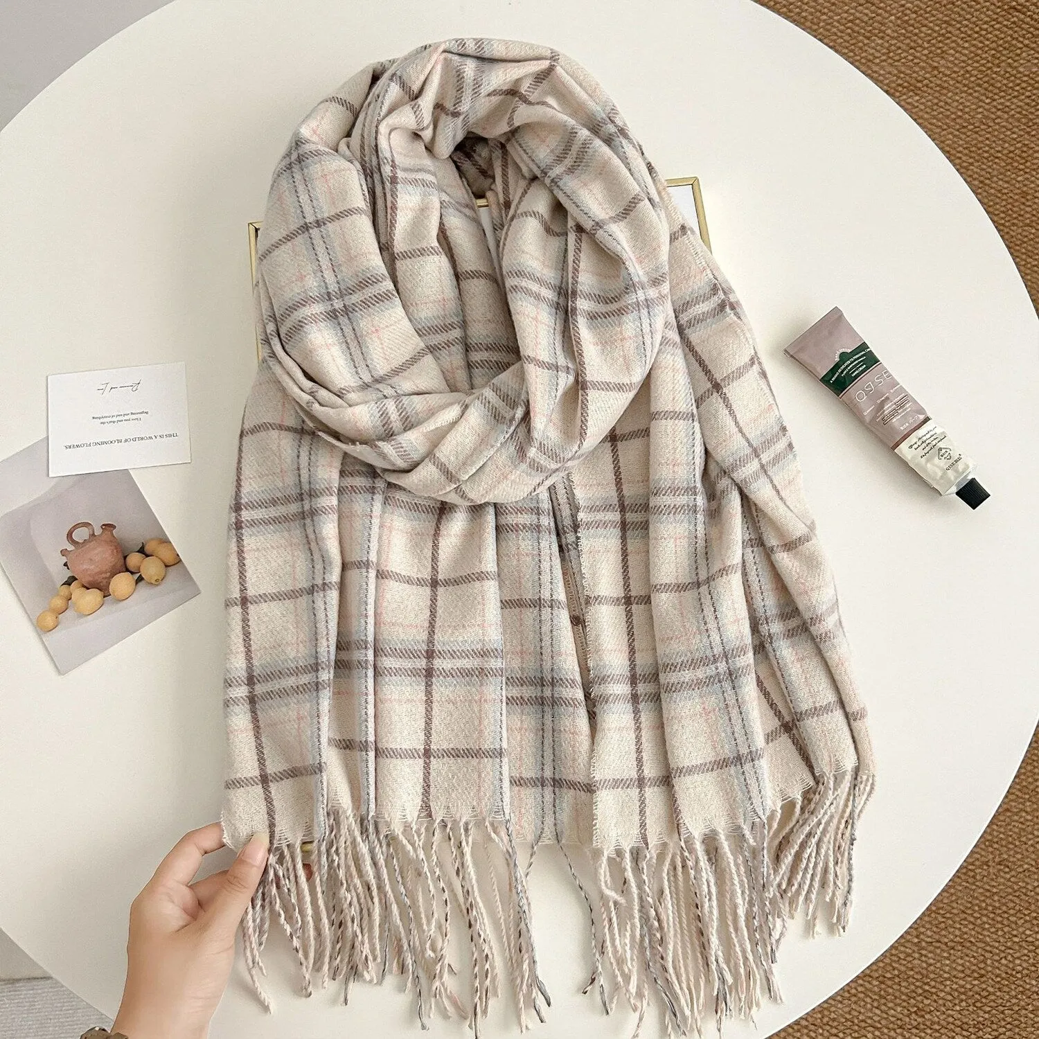 Beige Plaid Fringed Scarf sold by Zulily