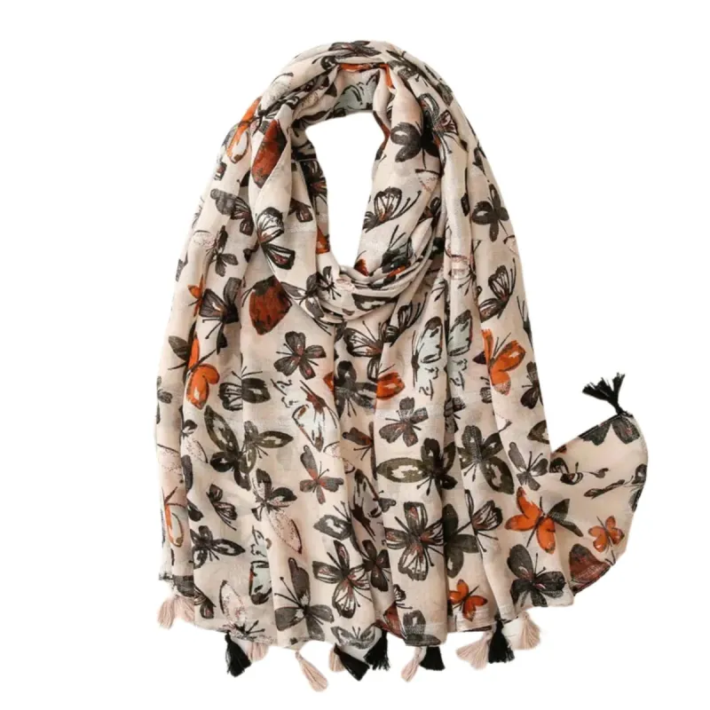 Nature-inspired Beige Butterfly Scarf with Tassels sold by Zulily