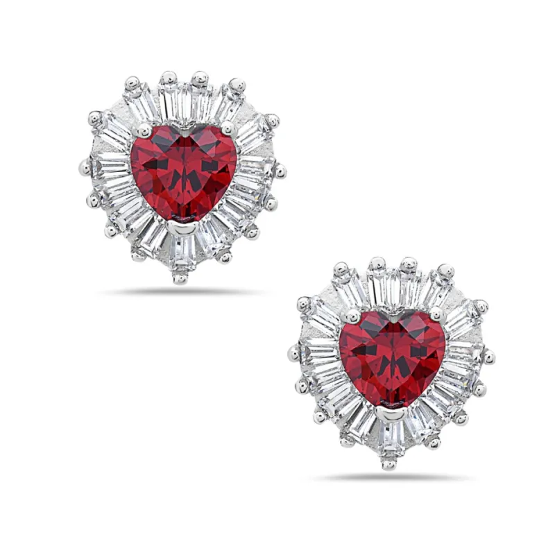 Sterling Slver Heart Shaped Red CZ with Baguette CZ Button Earring sold by Zulily