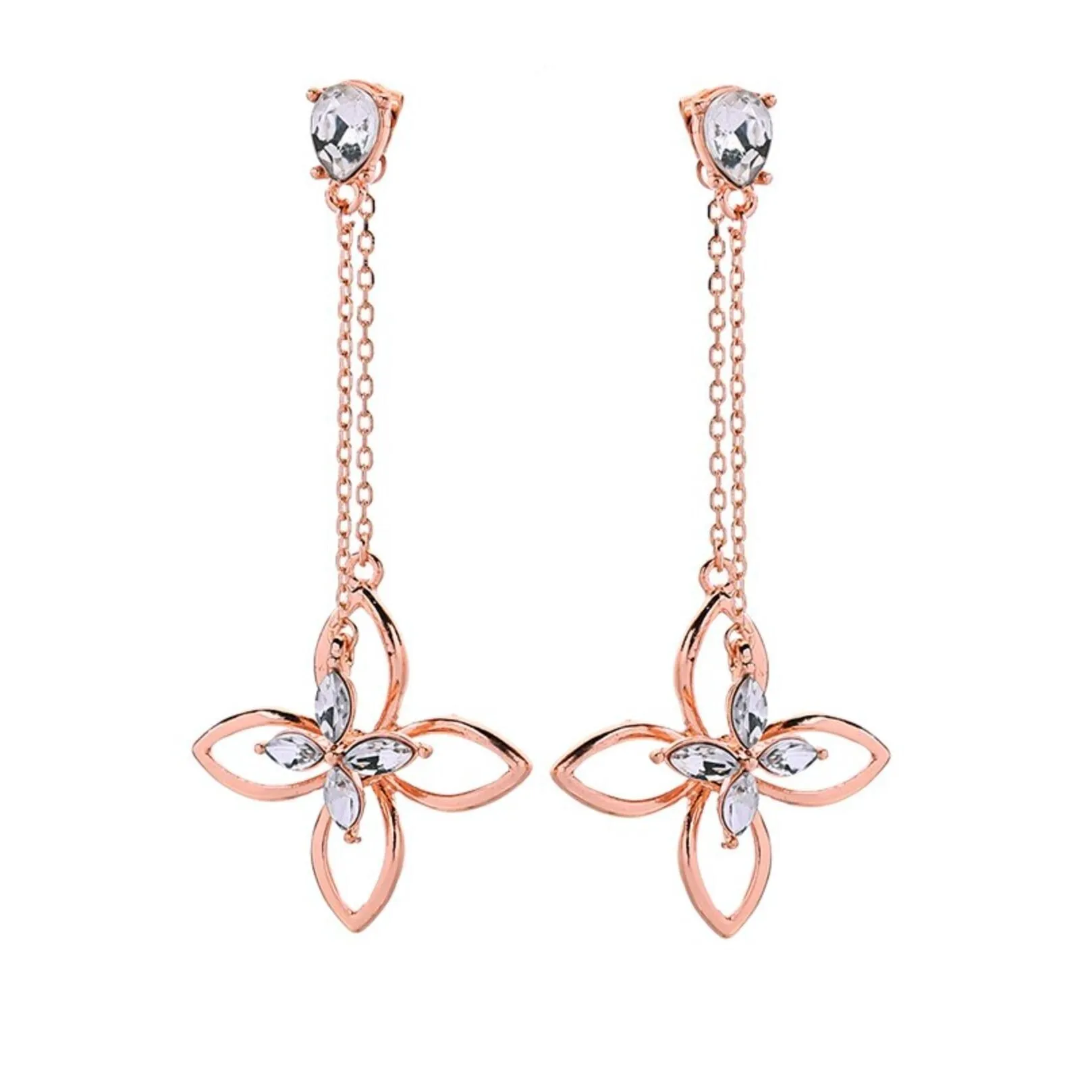 Rose Goldtone Clear Crystal Dual Flower Chain Drop Earrings - White sold by Zulily