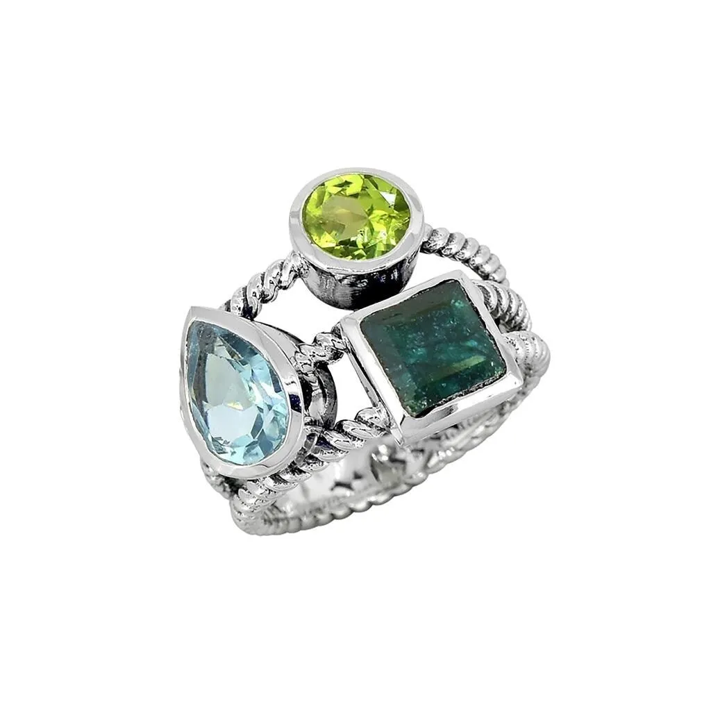 YS Gems Sterling Silver Three Gemstone Rope Style Ring sold by Zulily