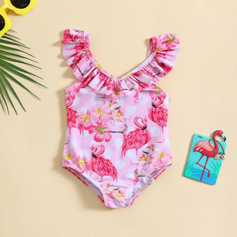 Pink Floral Flamingo Ruffle-Collar One-Piece sold by Zulily