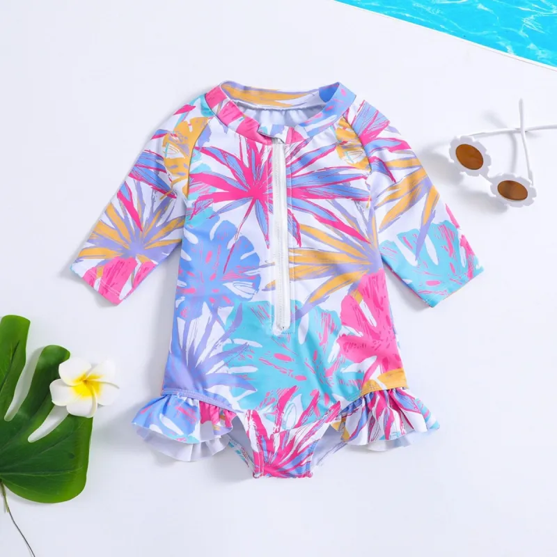 Periwinkle & Pink Tropical Leaf Ruffle-Trim One-Piece sold by Zulily