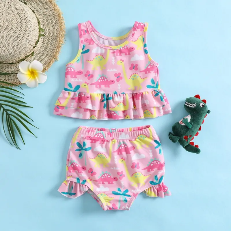 Pink & Yellow Dinosaur Ruffle-Trim Bikini sold by Zulily