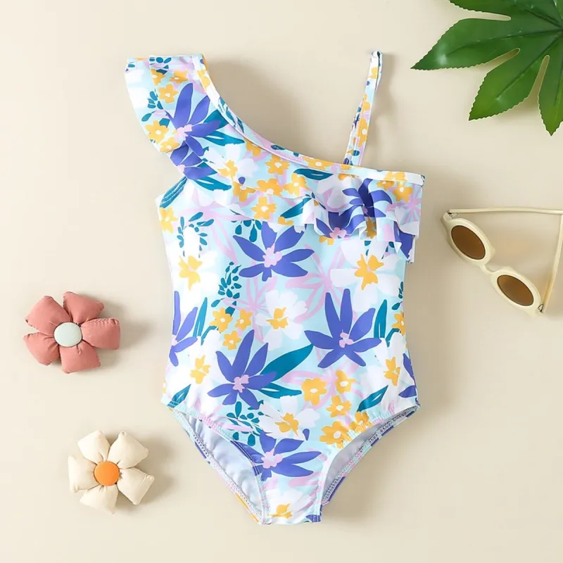 Blue & Yellow Floral Asymmetrical Ruffled Strap One-Piece sold by Zulily