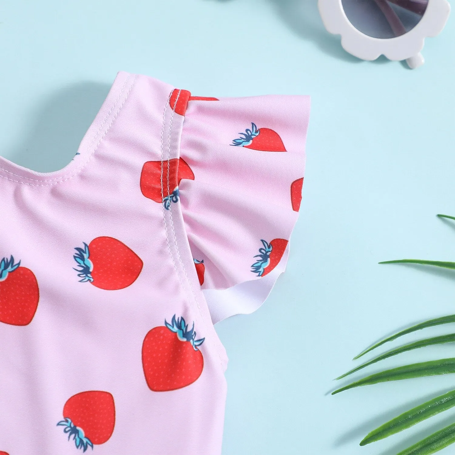 Pink Strawberry Ruffle-Sleeve Bow-Accent One-Piece sold by Zulily product image thumbnail 3