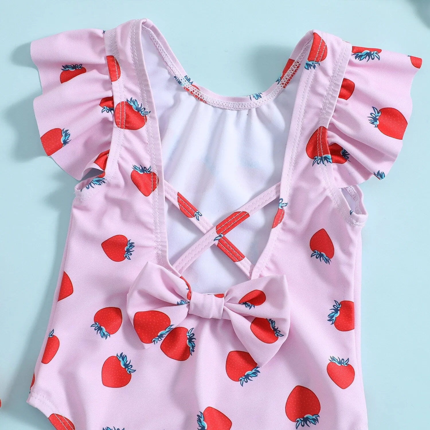 Pink Strawberry Ruffle-Sleeve Bow-Accent One-Piece sold by Zulily product image thumbnail 4