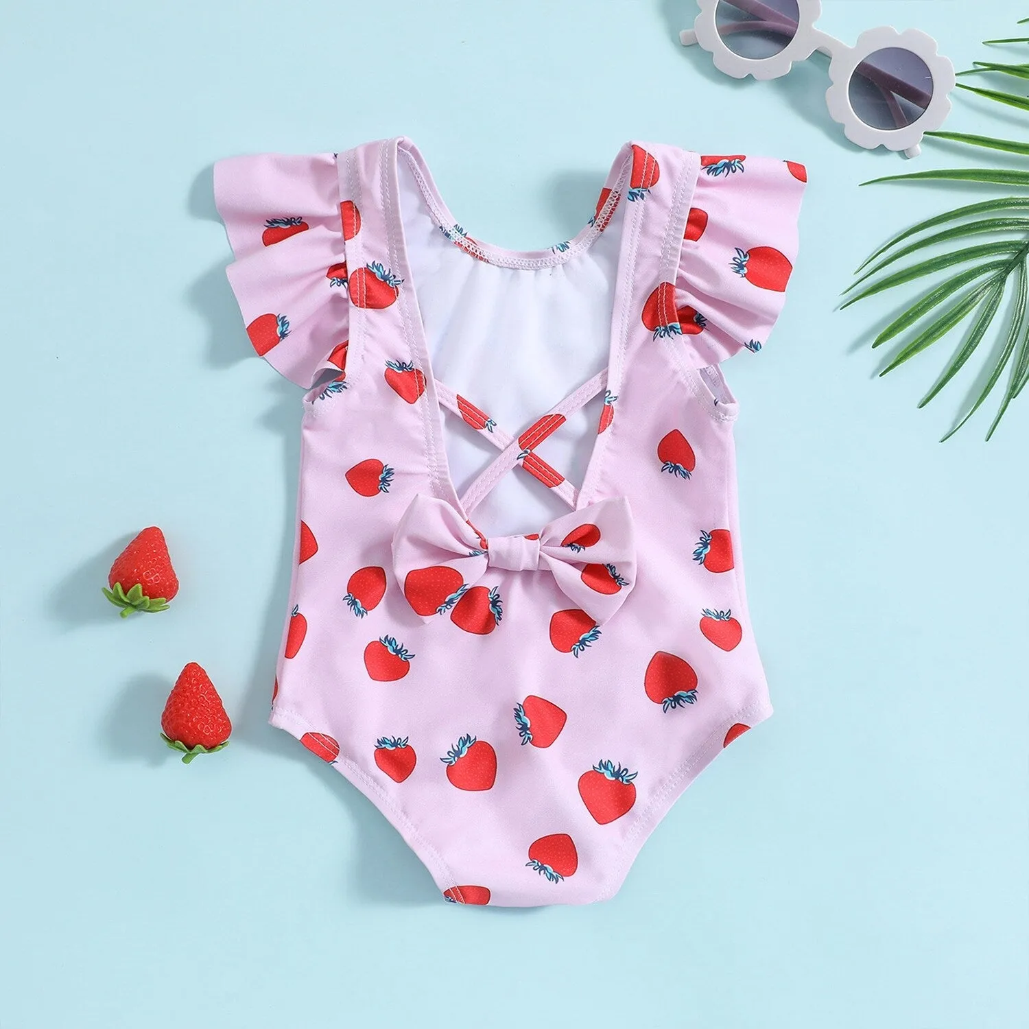 Pink Strawberry Ruffle-Sleeve Bow-Accent One-Piece sold by Zulily product image thumbnail 2