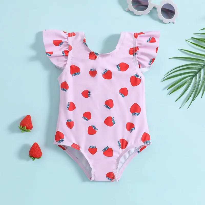 Pink Strawberry Ruffle-Sleeve Bow-Accent One-Piece sold by Zulily