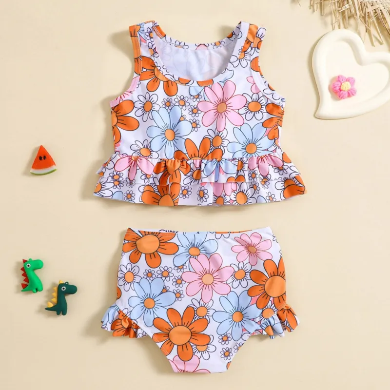 Orange & Pink Floral Ruffle-Trim Bikini sold by Zulily