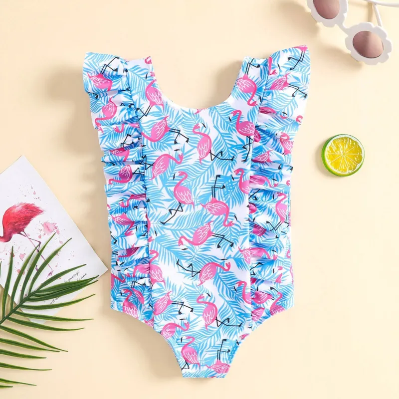 Blue & Pink Flamingo Leaf Ruffle-Accent One-Piece sold by Zulily