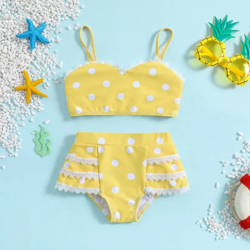 Yellow Polka Dot Lace-Trim Bikini sold by Zulily