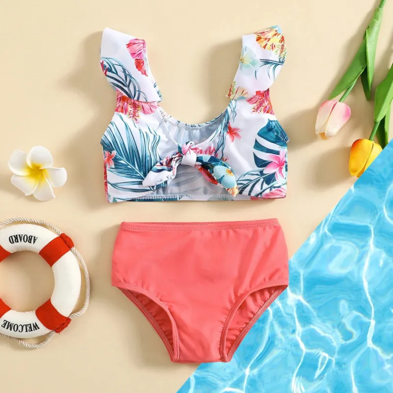 Watermelon Pink Tropical Floral Leaf Knot-Back Bikini sold by Zulily