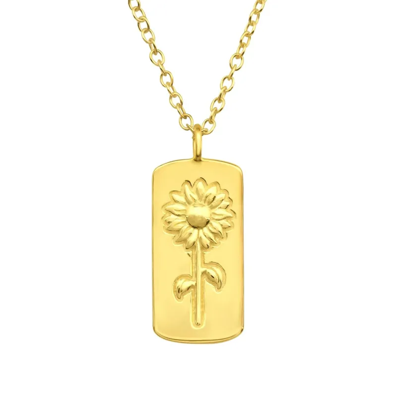 Sterling Silver 18k Gold-Plated Rectangular Sunflower Engraved Pendant Necklace - Gold sold by Zulily