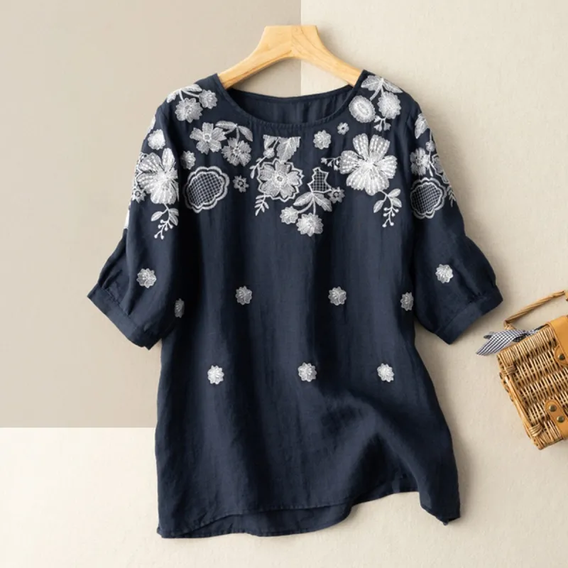 Navy Round Neck Embroidered Short-Sleeve T-Shirt sold by Zulily