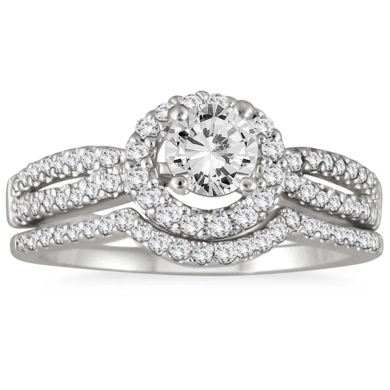 AGS Certified 1 1/5 Carat TW Diamond Halo Bridal Set in 14K White Gold (J-K Color, I2-I3 Clarity) sold by Zulily